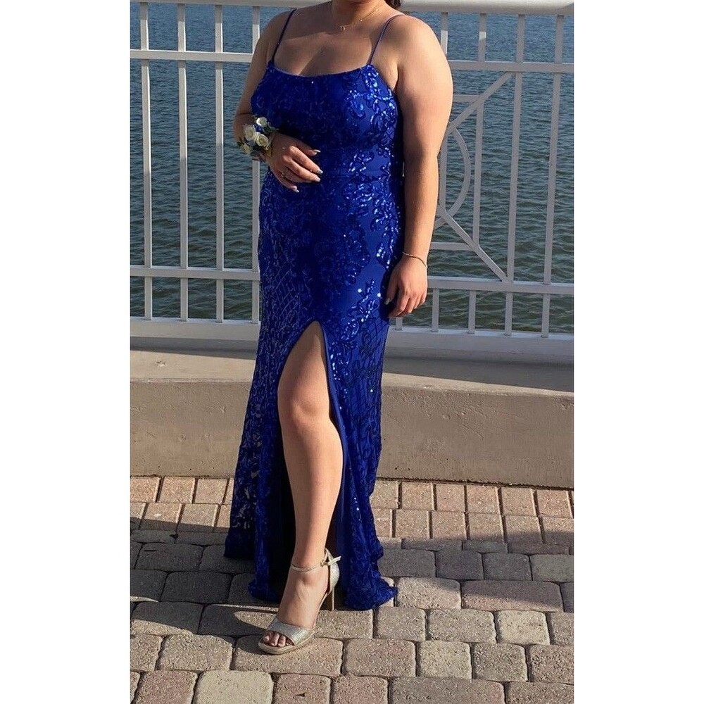 Blondie Nites Juniors' Women's Blue Sequins Scoop Neck Lace-Up Prom Dress Sz15